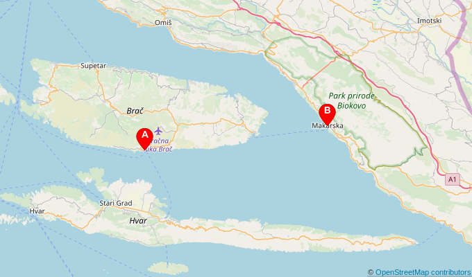 Map of ferry route between Bol (Brac) and Makarska